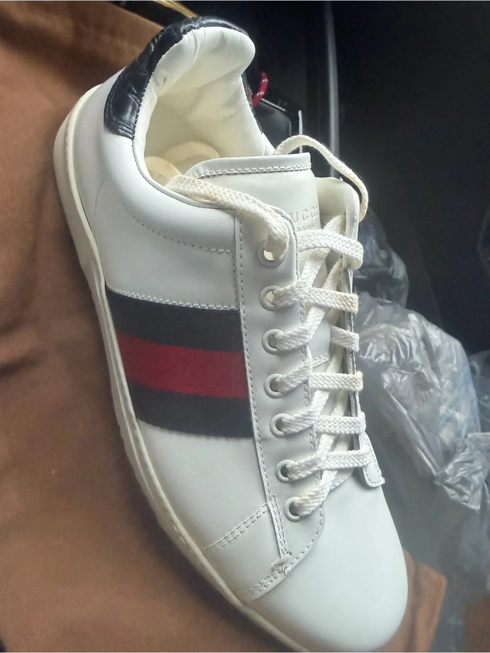 Gucci White Leather Sneaker with Red & Navy Web Stripe